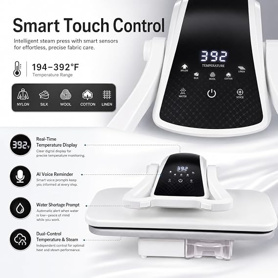 Steam Press for Clothes - 1600W Automatic Iron Press Machine with 1L Tank, 5 Fabric Modes, AI Voice Alerts, Overheat Protection - Large Ironing Surface for Home Use, White