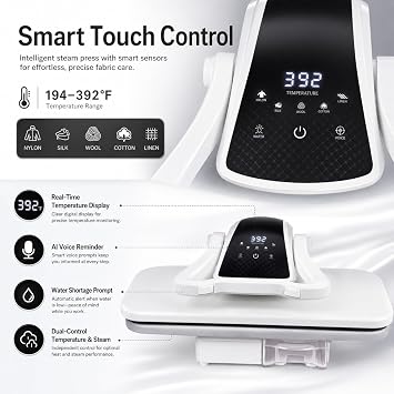 Steam Press for Clothes - 1600W Automatic Iron Press Machine with 1L Tank, 5 Fabric Modes, AI Voice Alerts, Overheat Protection - Large Ironing Surface for Home Use, White