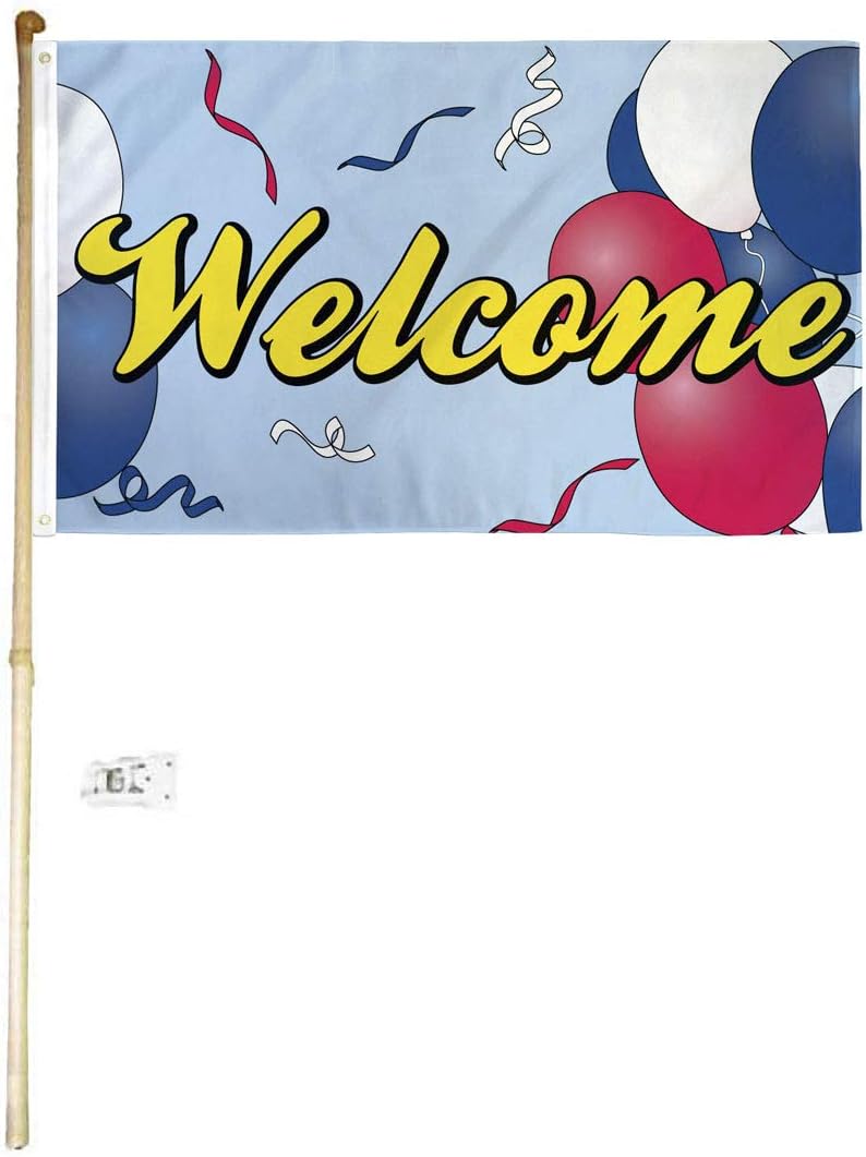 3x5 3'x5' Welcome Balloons Polyester Flag With 5' (Foot) Flag Pole Kit With Wall Mount Bracket & Screws (Imported)