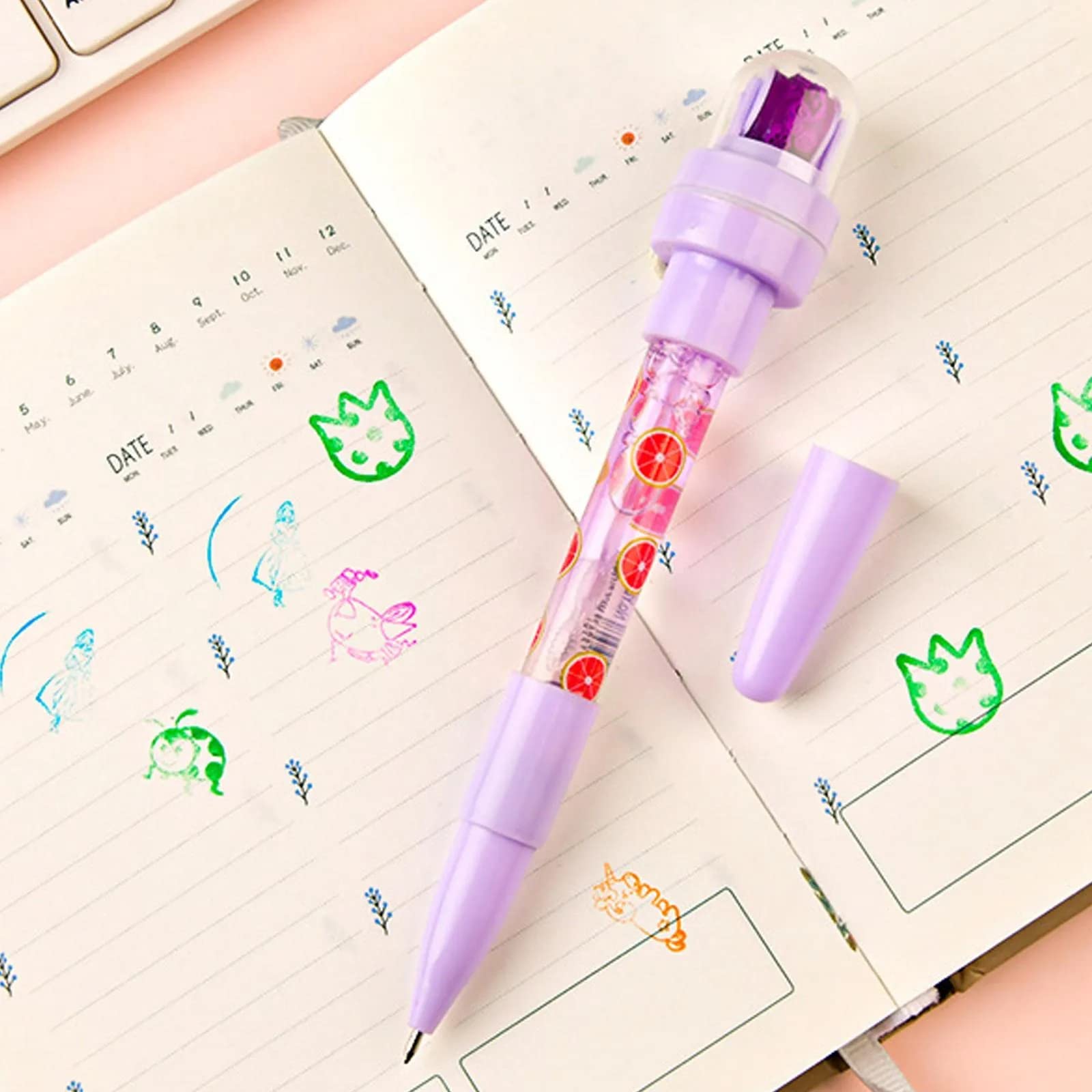 MUREN® 5 In 1 Multi-function Blue Ballpoint Pen Bubbler Pen With Stamp Toy Pens Cute Seal Roller Stamp Pen-Birthday Gift/Return Gift-Random Color-Pack of 2