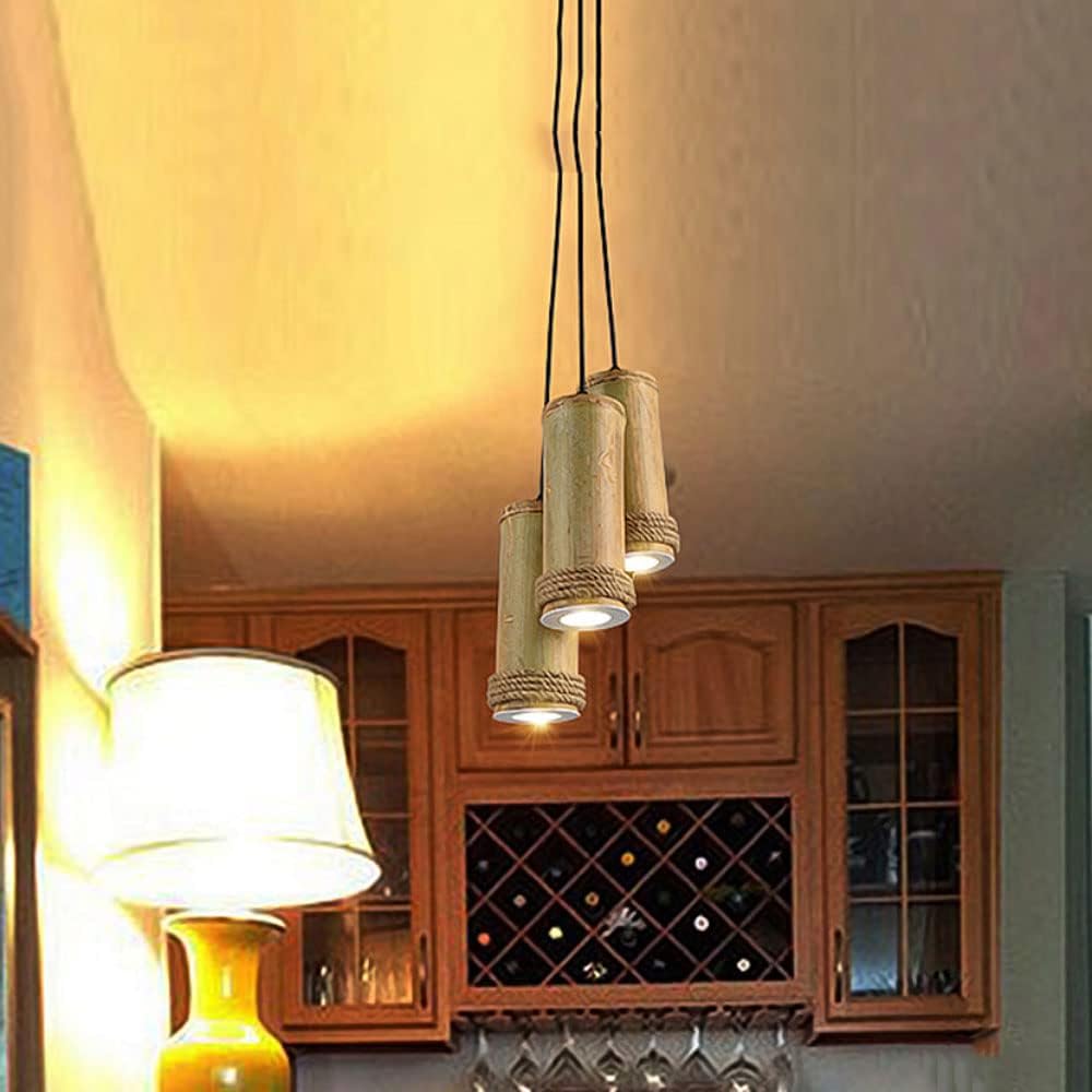 American Style LED Creative Bamboo Tube 3W Chandelier Fixture Hand-Woven Hemp Rope Rustic Pendant Lights for Bar Living Room Hanging Lamp Lighting, Warm Light