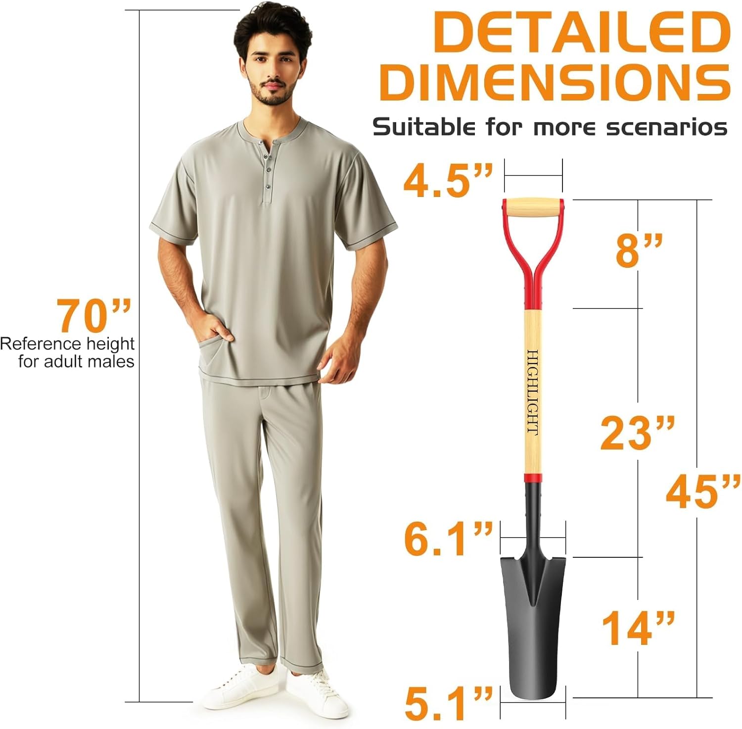 HIGHLIGHT Spade Shovel, Transplanting Spade, Drain Spade, Spade Shovels for Digging, Sharp Shooter Shovel, 45Inch, Steel D-Grip, Wooden Handle, Snow Shovel & Snow Removal Tool