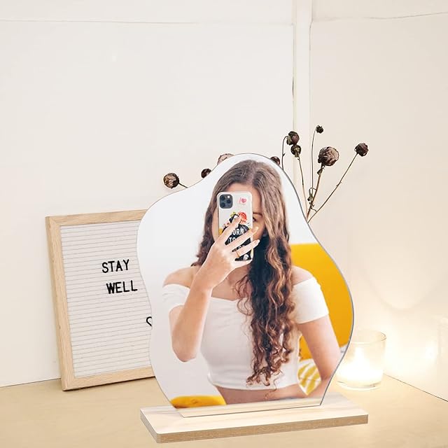 Nwvuop Acrylic Makeup Mirror, Irregular Tabletop Mirror with Wooden Base, Decorative Desktop Mirror for Bedroom Living Decoration, Cloud Shaped