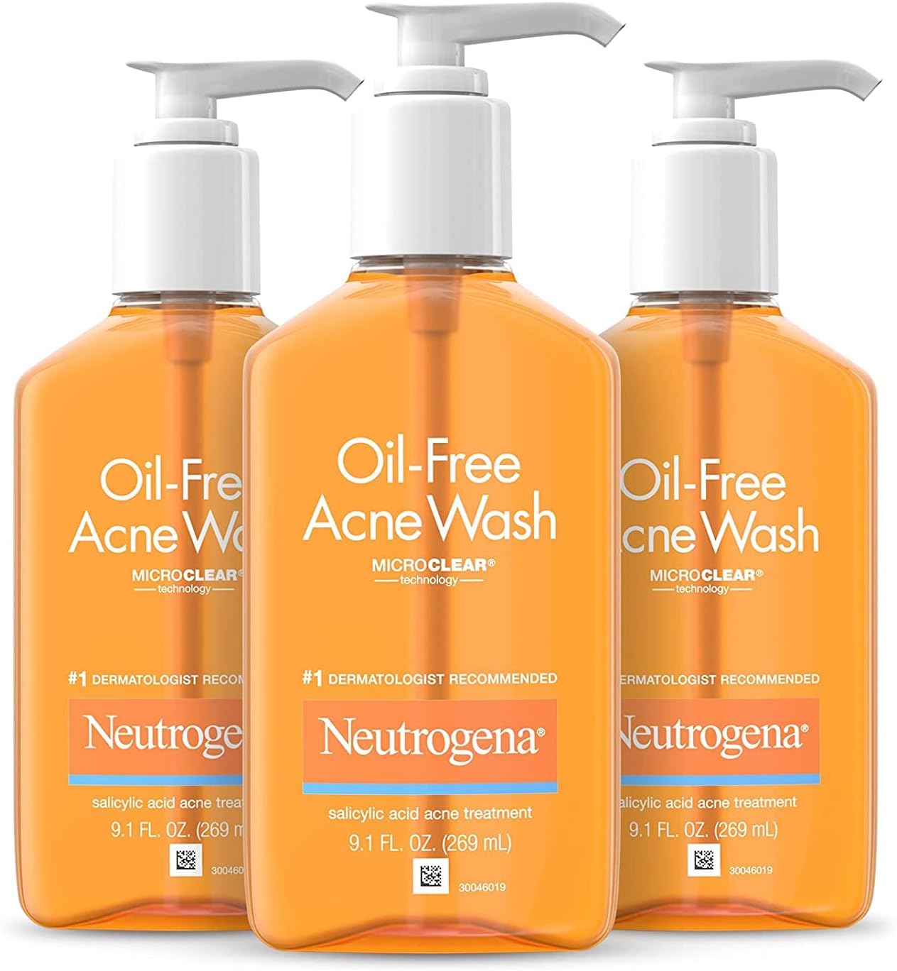 Neutrogena Oil-Free Acne Wash, Acne Fighting Facial Cleanser with Salicylic Acid Medicine, Acne Treatment for Face, Non-Comedogenic, Residue-Free, 9.1 fl oz Pump Bottles, 3 Pack
