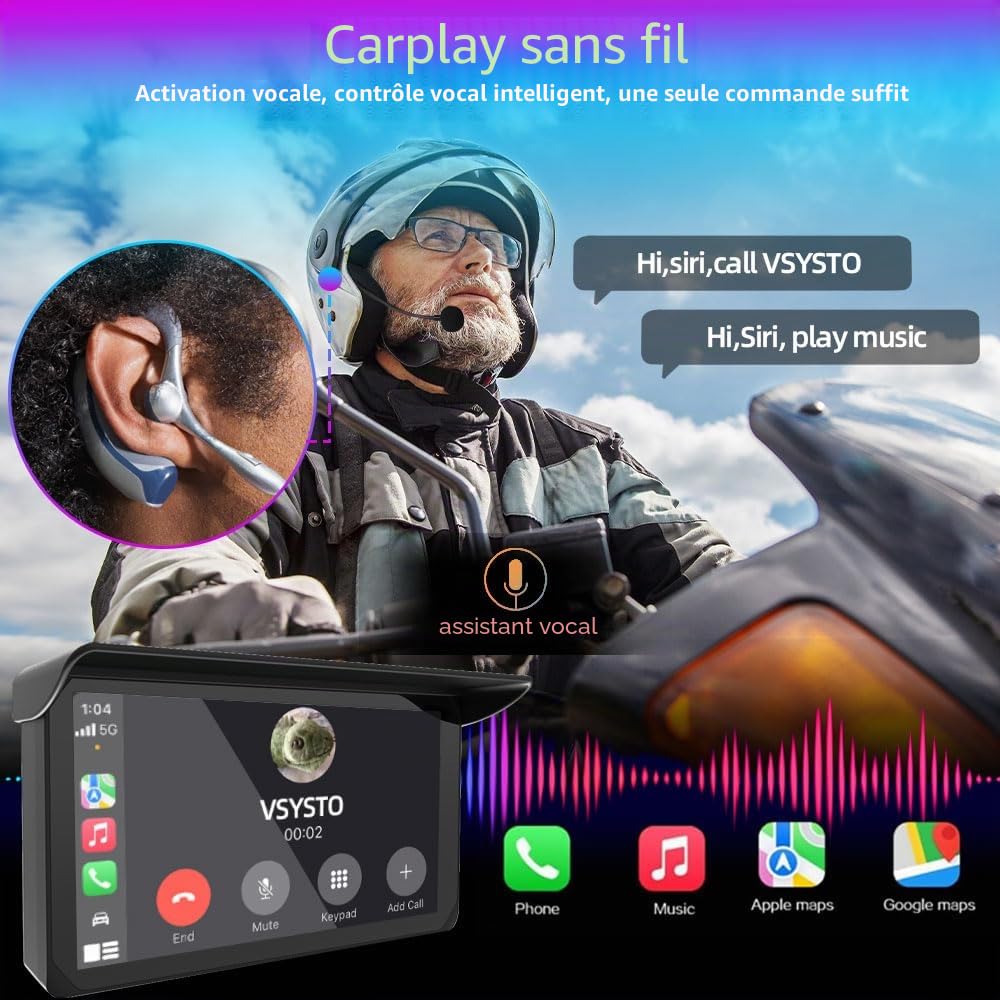 VSYSTO Motorcycle CarPlay, CarPlay sans Fil et Android Auto, écran Tactile HD étanche de 5 Pouces, Prend en Charge la Navigation GPS, câble d'alimentation avec Double Port USB