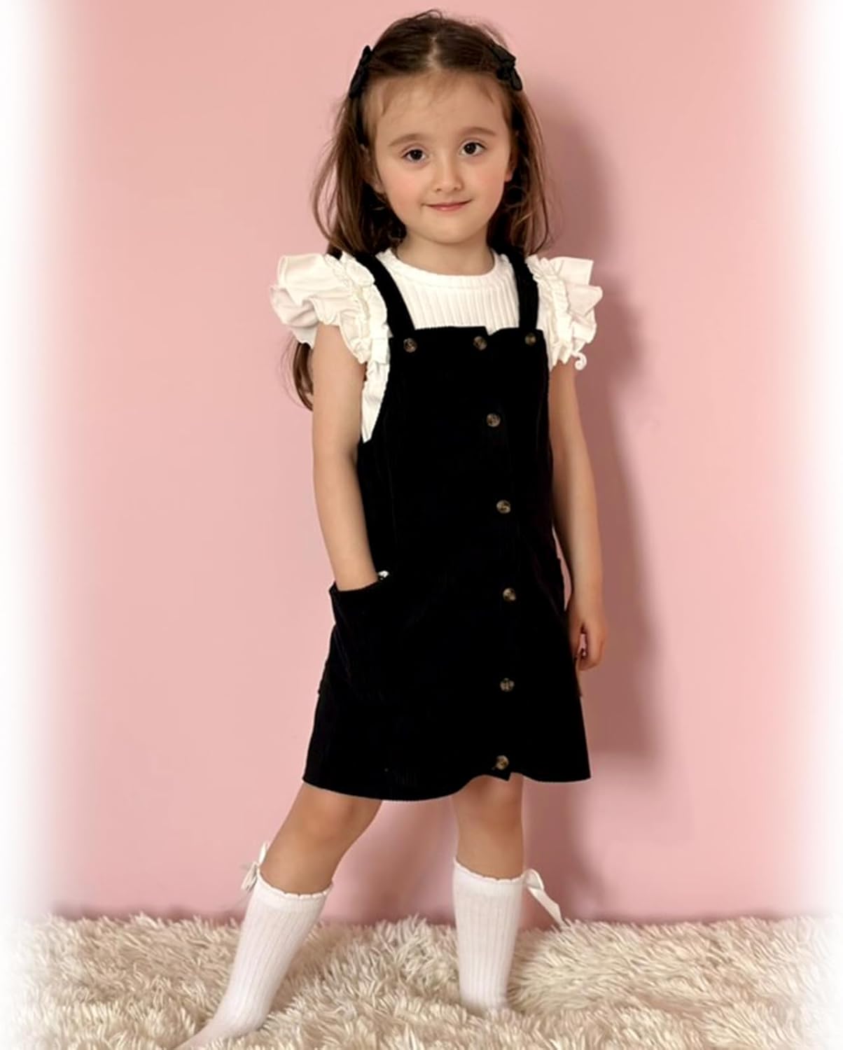 HINTINA 2-7 Years Toddler Girl Butterfly Sleeve Tee Corduroy Button Down Overall Dress Set - Image 2