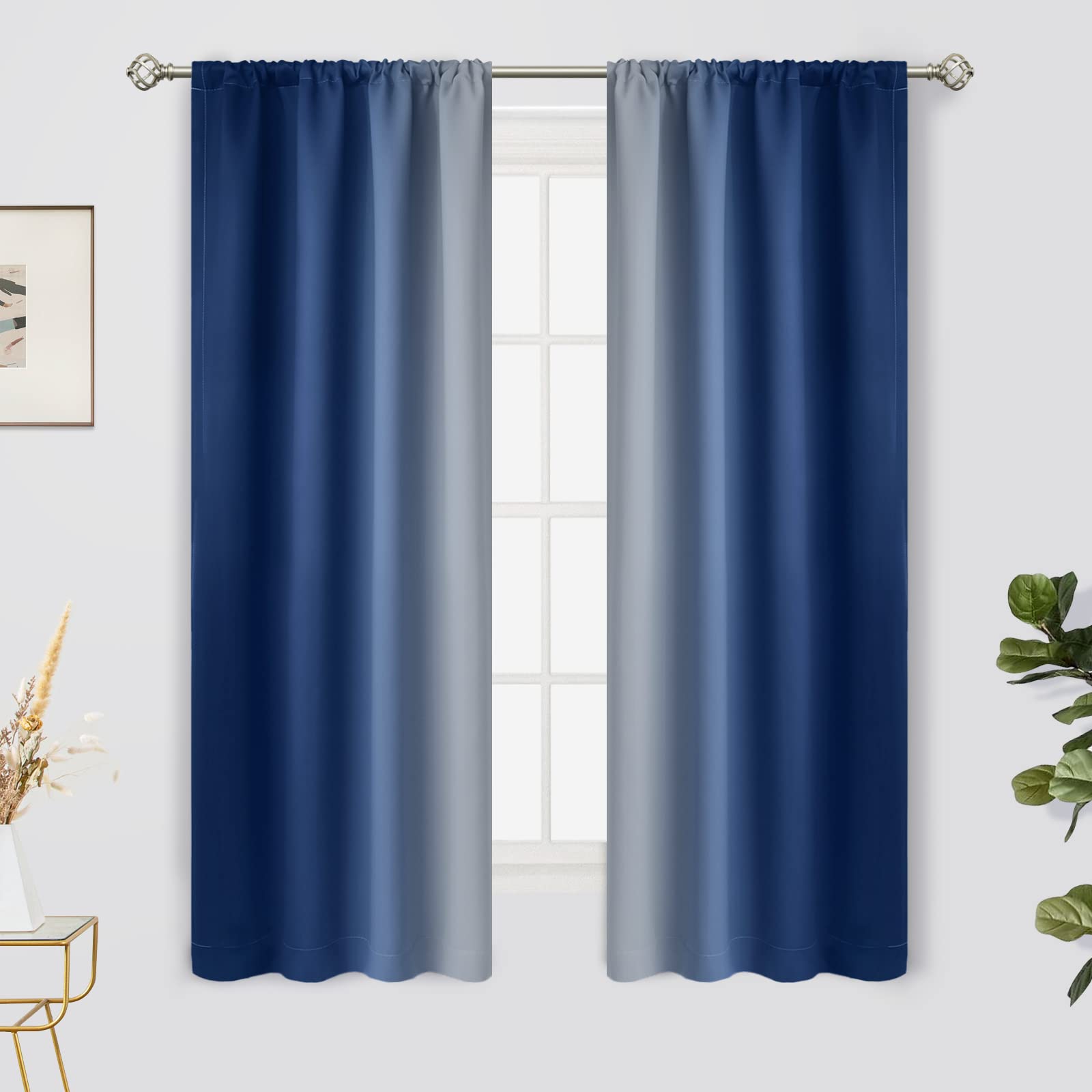 Yakamok Blue and Greyish White Rod Pocket Ombre Privacy Curtains, Light Blocking Gradient Color Room Darkening Thermal Insulated Window Drapes for Living Room/Bedroom (2 Panels, 42W x 63L Inch)