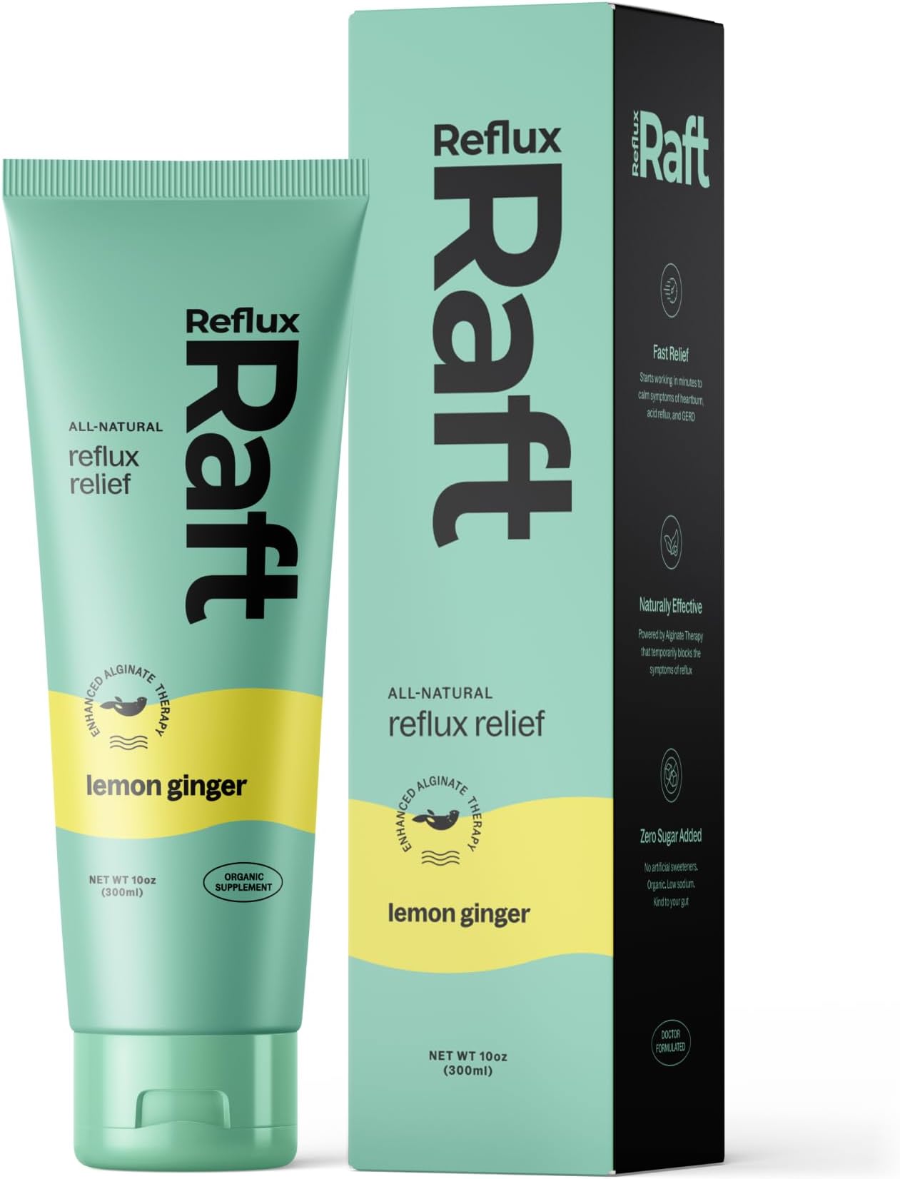 RefluxRaft Acid Reflux Therapy with Organic Alginate, Rapid & Long Lasting Gerd, LPR & Digestion Symptom Support, Zero Sugar, Gluten Free, Low Sodium, Lemon Ginger, 60 Gel Servings, 10 OZ Bottle