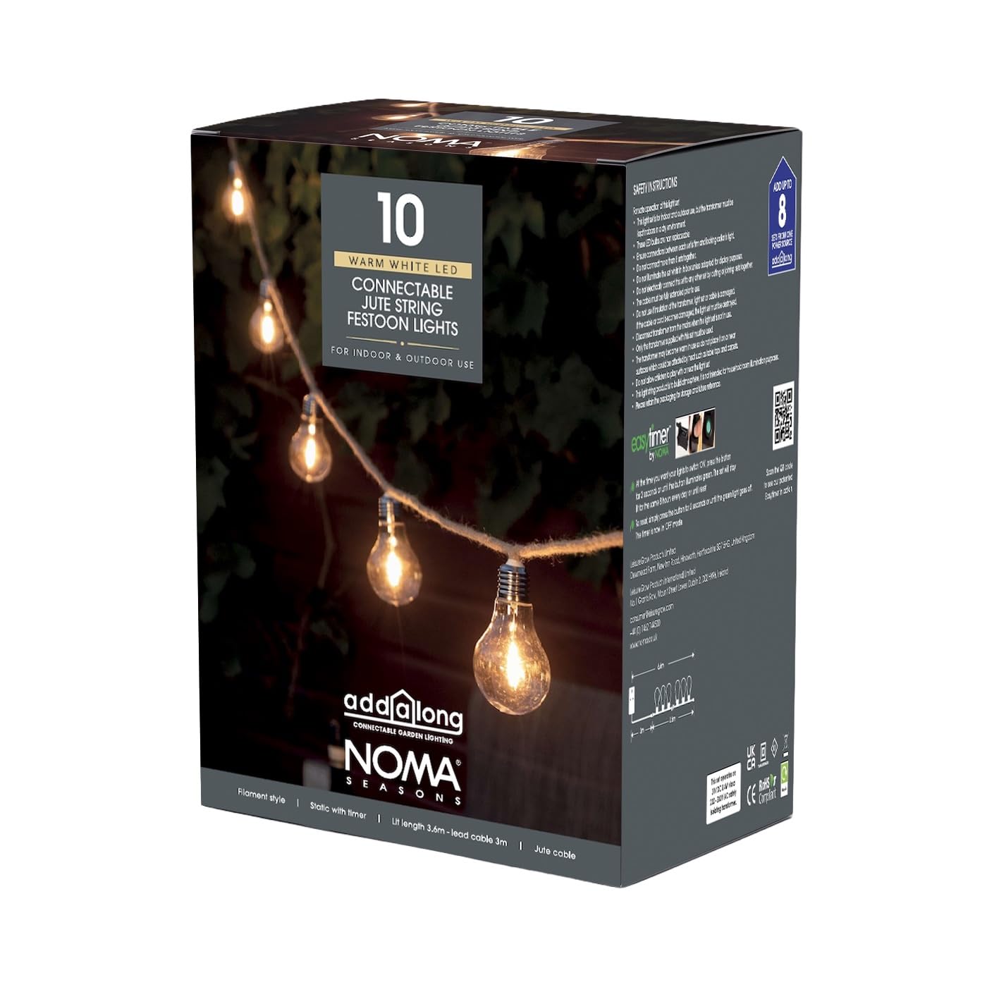 Noma Connectable Jute Rope Festoon Garden Lights, 10 Warm White LED's, 6.8 m