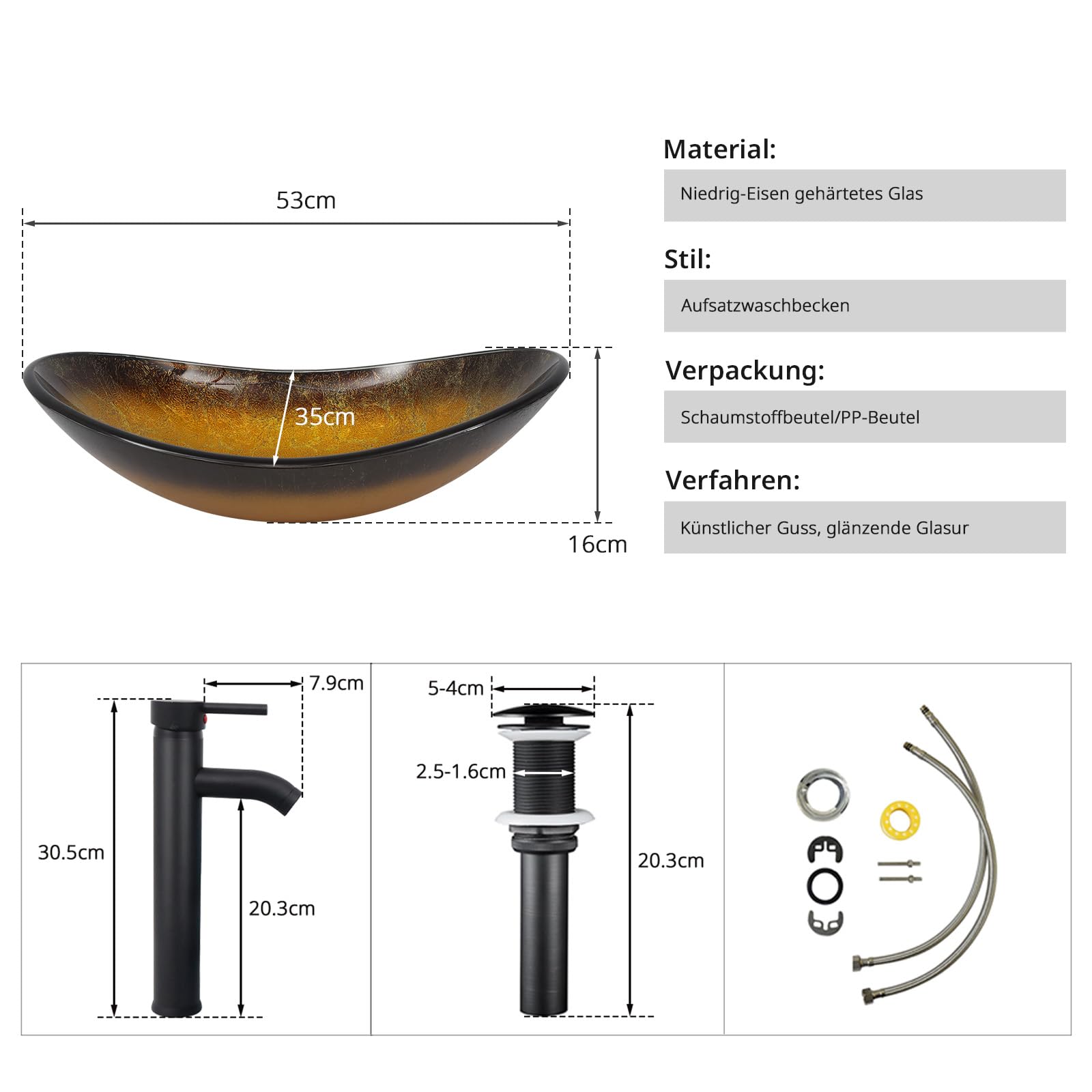ZealWe Waschbecken Aufsatzwaschbecken Glas, Waschbecken Aufsatz Waschschale Oval für Badezimmer, Handwaschbecken Gäste WC 53 × 35 × 15 cm Waschtisch Waschplatz, Schwarz Gold