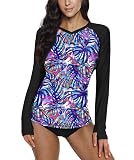 Womens UPF 50+ UV Protection Swim Shirt Thumb Hole Long Sleeve Athletic V Neck Rash Guard Purple Blu