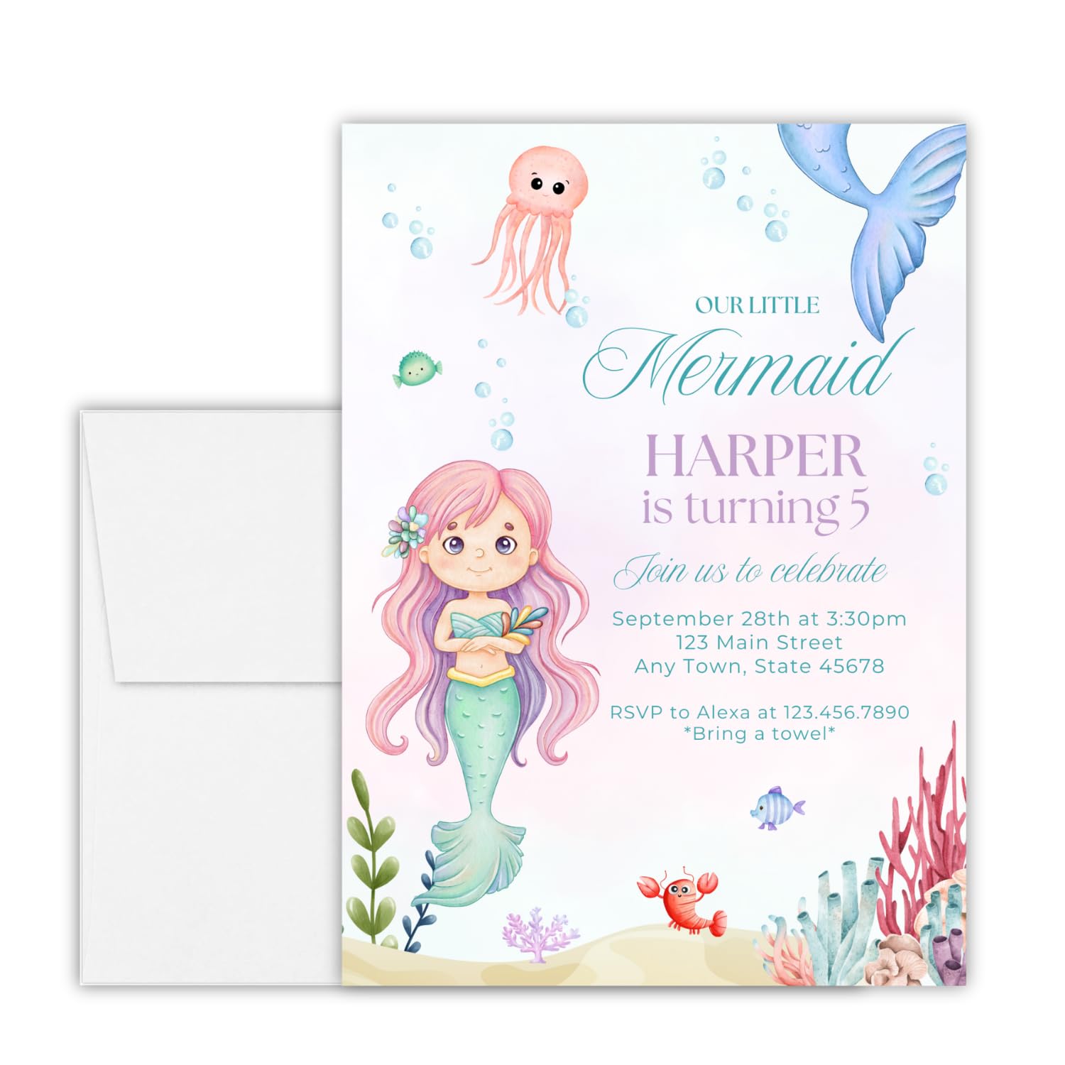 Mermaid Birthday Invitation, Personalized Mermaid Party Invite, Under the Sea Birthday Invitation, Custom Mermaid Birthday Card, Girls Birthday Party