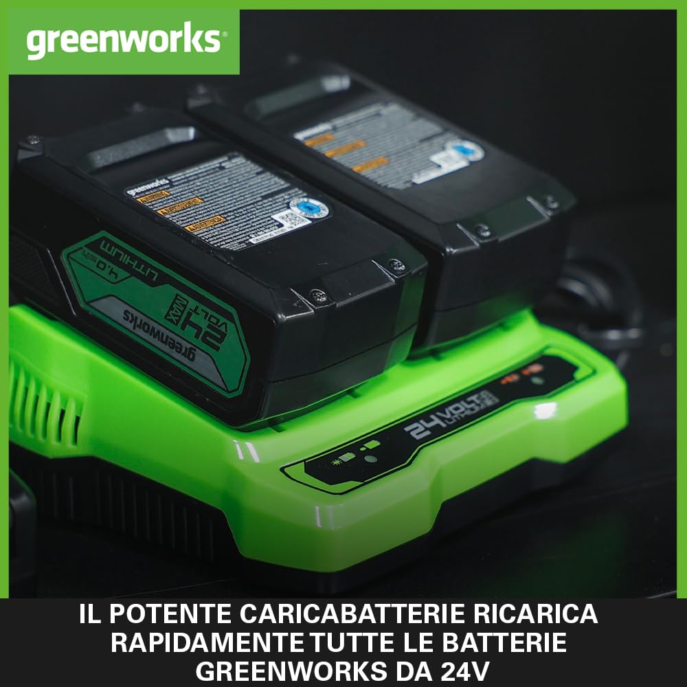 Greenworks Batterie 24V e Caricabatterie Doppio Slot - Due Batterie Ricaricabili 4Ah per Tutti gli Elettroutensili Greenworks 24V, Uscita 48W Tensione 4A, Carica Singola in 60 Minuti - G24B4 & G24X2C