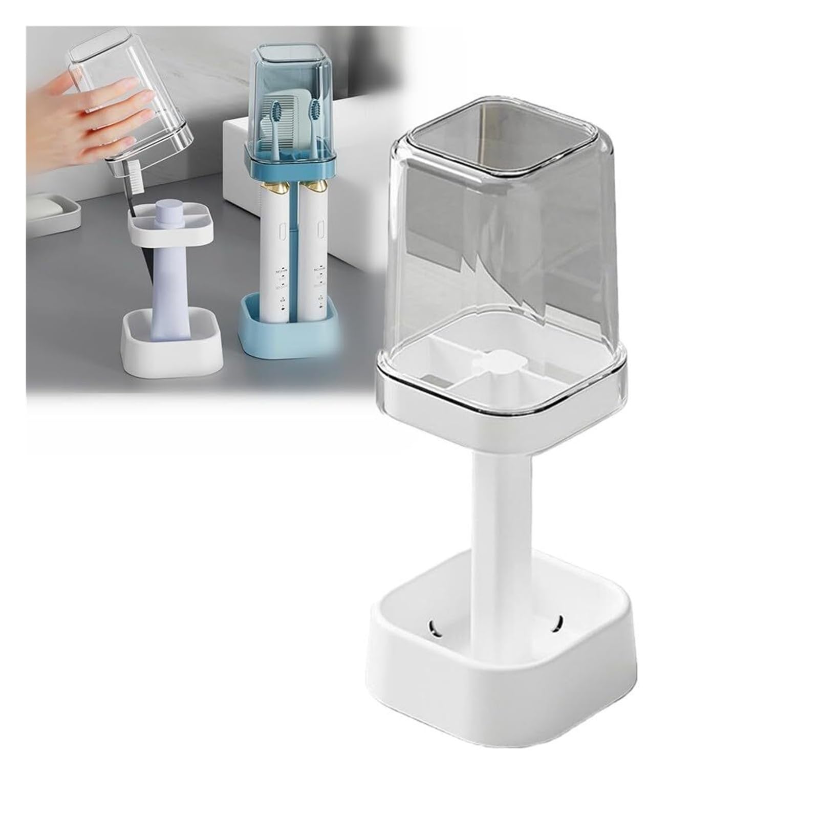 Makeup Brush Holder Toothbrush Holder With Cup Cover Contains 3 Slots Tooth Brush Toothpaste Stand Organizer Toothbrush Organizer(White)