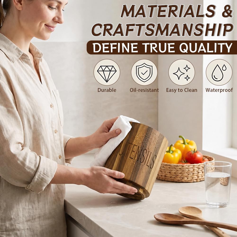 Wooden Utensil Holder,360° Rotating Acacia Wood Kitchen Utensil Holder for Counter,6.5" Large Cooking Utensil Organizer for Spatula,Farmhouse Kitchens Countertop Decor