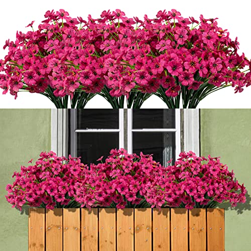 maoodoo 15 Bundles Artificial Flowers Outdoor UV Resistant Fake Silk Plants Plastic Faux Shrubs Outside Front Porch Window Box Garden Home Hanging Planter Decoration (Fuchsia)