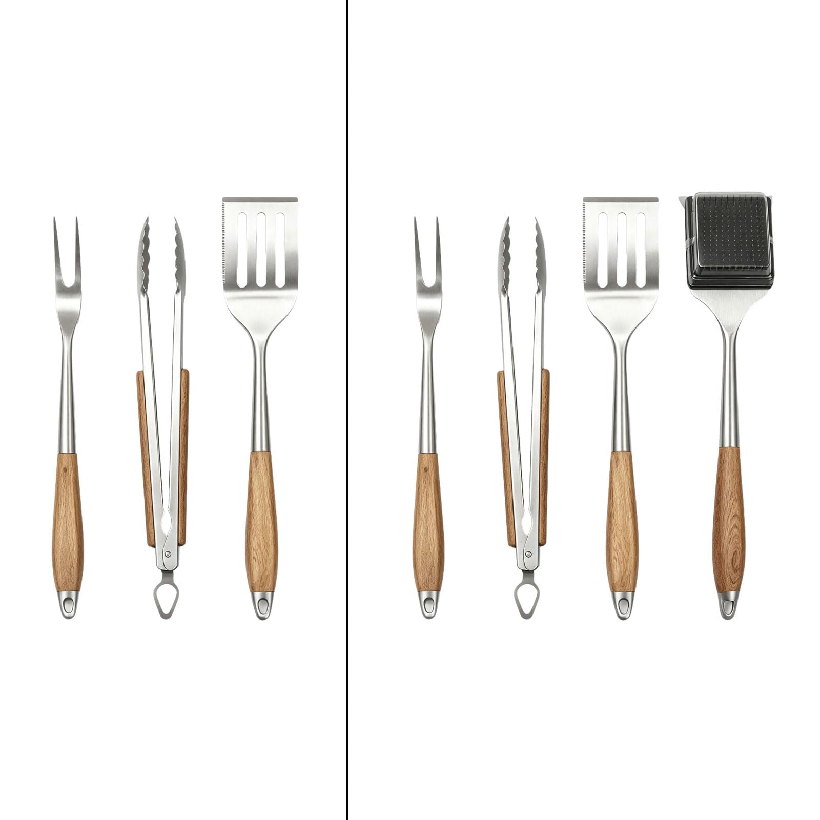 Grillbesteck Set Grillen Freien, Grillbesteck aus Edelstahl mit Holzgriffen und Kochkontrolle mit großer Reichweite, Grillbesteck Set aus Edelstahl, Grillbesteck aus Holz