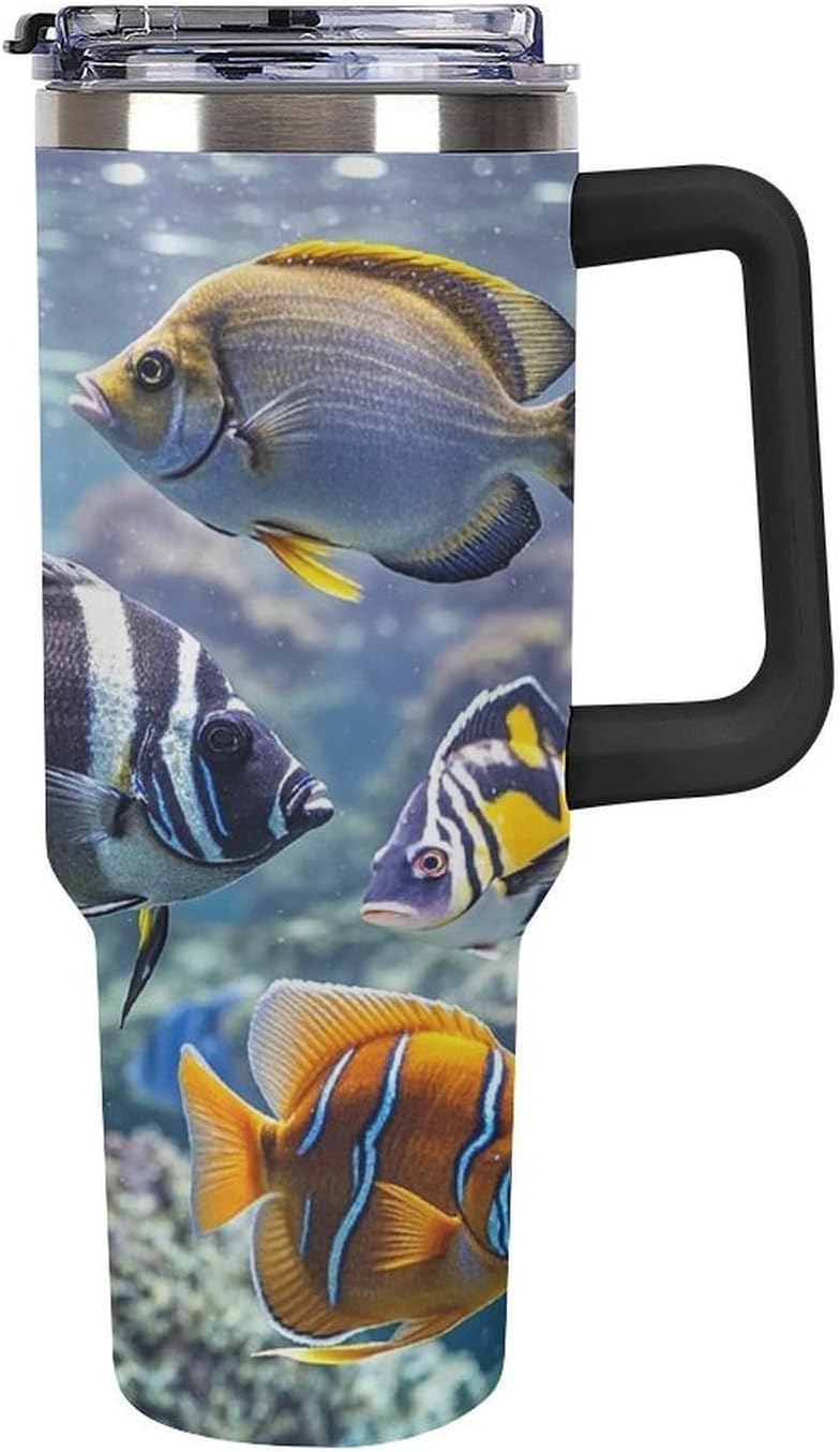 Different Fish Tumbler 40 Oz with Handle&Lid Large Car Cup Stainless Steel Vacuum Travel Mug Insulated Water Bottle Leak-proof Portable Coffee Cup for Home Car Outdoor