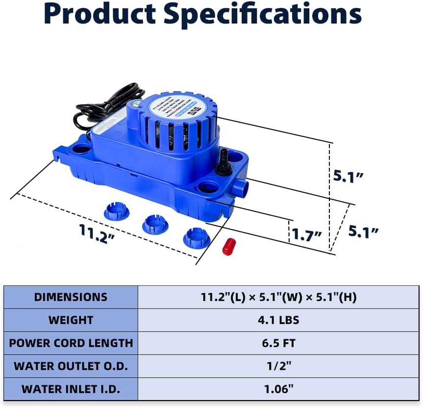 1/10 HP 93 GPH 20ft Max Head HVAC Condensate Pump, 115V w/Automatic Safety Switch, Removal Drain Pump for Air Conditioner, Dehumidifier, Ice Maker, Furnace, AC unit, Low Profile