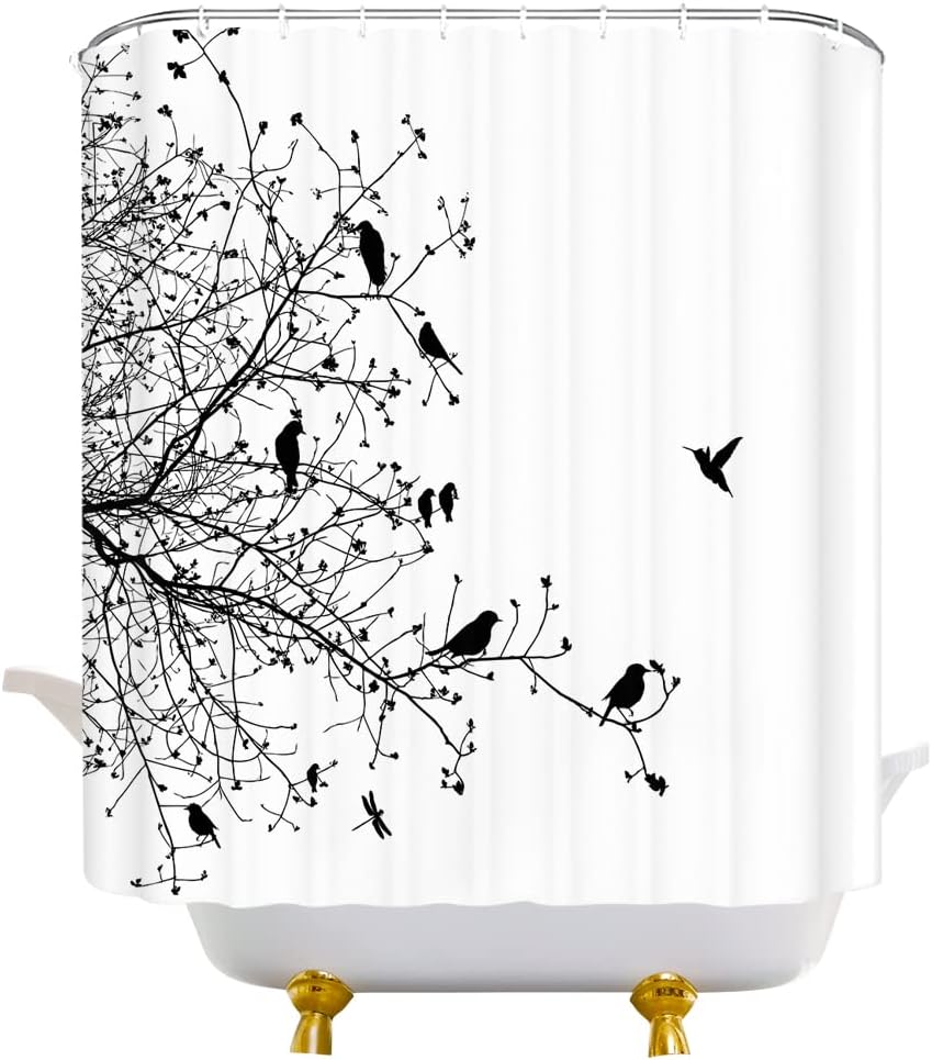 Tree Branches Bird Shower Curtain Leafless Twigs Flying Birds Silhouette Dead Tree Forest Jungle Plants Nature Modern Fashion Simple Men Bathroom Bathtub Decorative Curtain with Hooks
