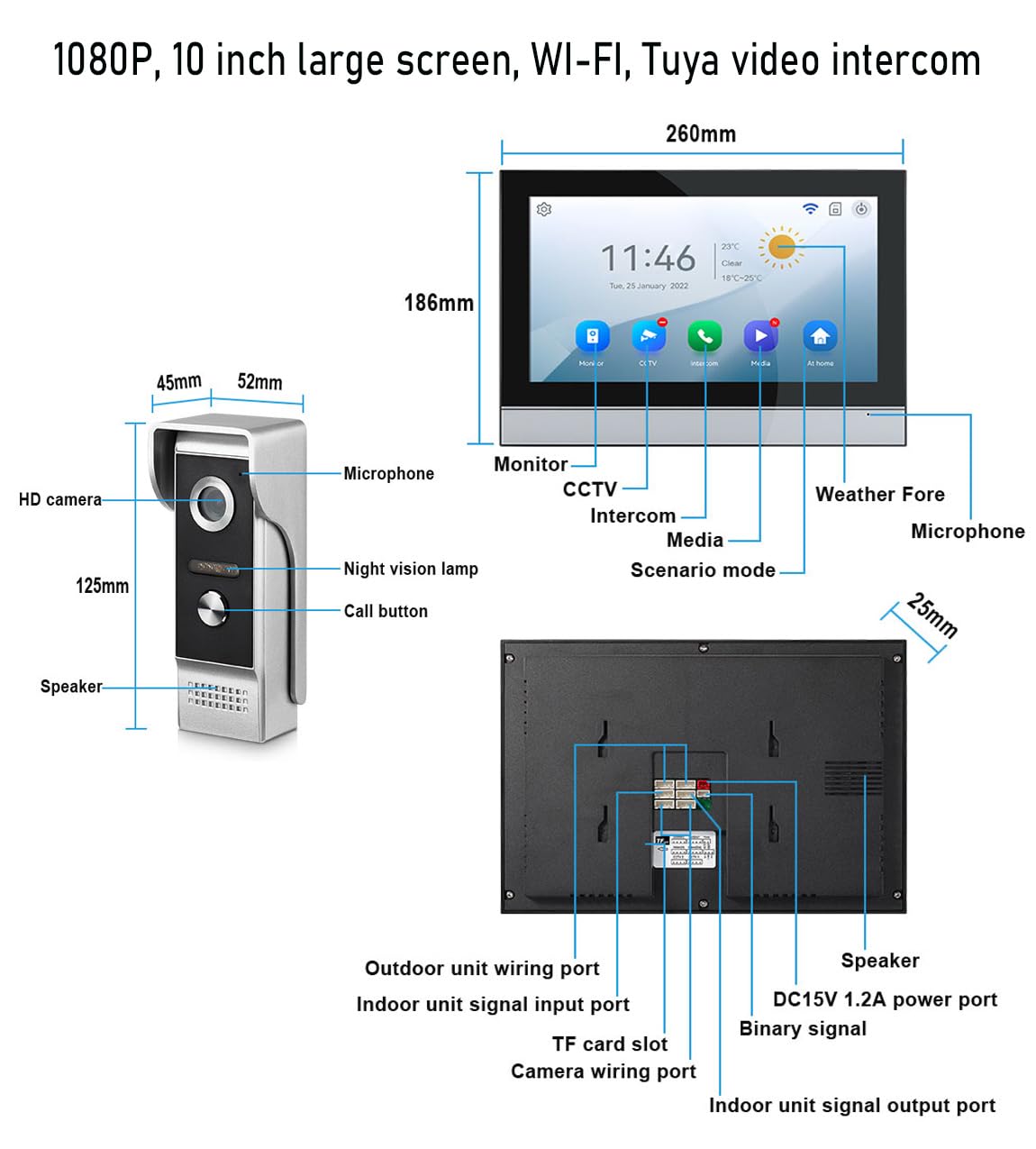 WiFi Pantalla táctil de 10 Pulgadas HD 1080p Ultrafino Inalámbrico Videoportero Timbre Video Interfono,Detección de Movimiento, Compatible con la App Tuya, Almacenamiento de Vídeo Gratuito