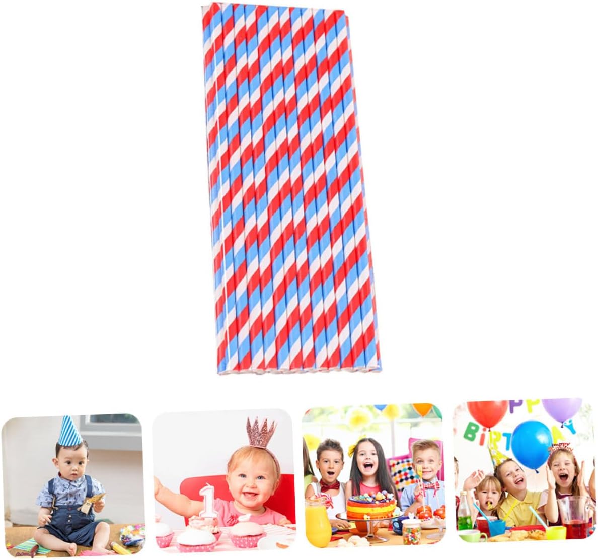 150pcs Biodegradable Paper Straws Blue and Red Stripes, Disposable Festival Drinking Straws for Christmas Party Supplies and Holiday Celebrations
