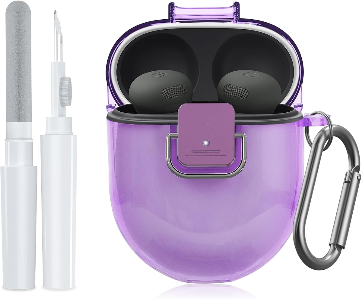 Funda para Google Pixel Buds Pro 2 con clip de bloqueo, funda transparente de TPU para Google Pixel Buds Pro1/2, funda protectora a prueba de golpes con llavero y kit de limpieza para niña/mujer/hombre (morado transparente)