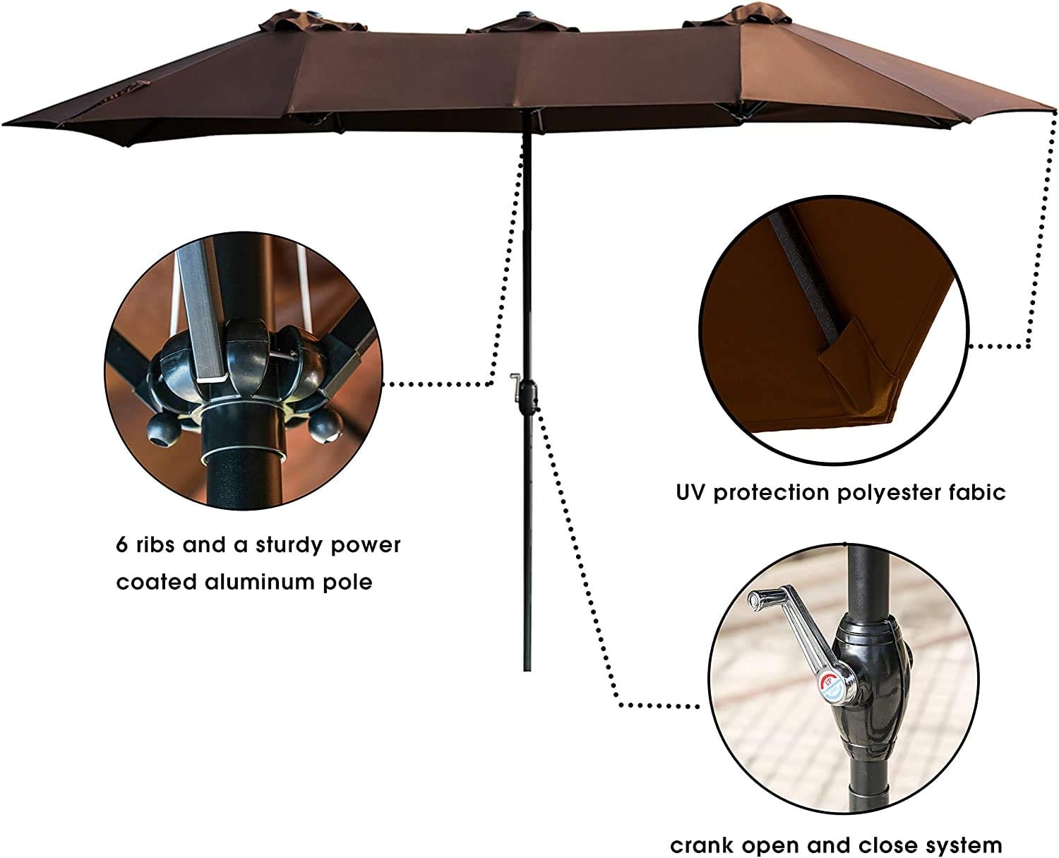 LOKATSE HOME 15 Ft Double Sided Outdoor Umbrella Rectangular Large with Crank for Patio Shade Outside Deck or Pool, Brown