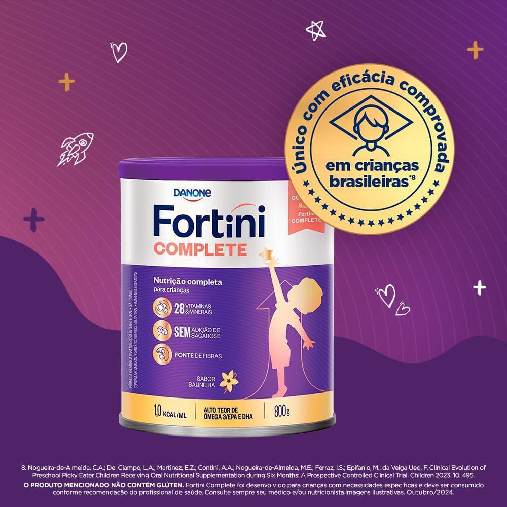 Fortini Complete Baunilha, Suplemento Infantil, 28 Vitaminas e Minerais, Fonte de Fibras e Ômega 3, 800g