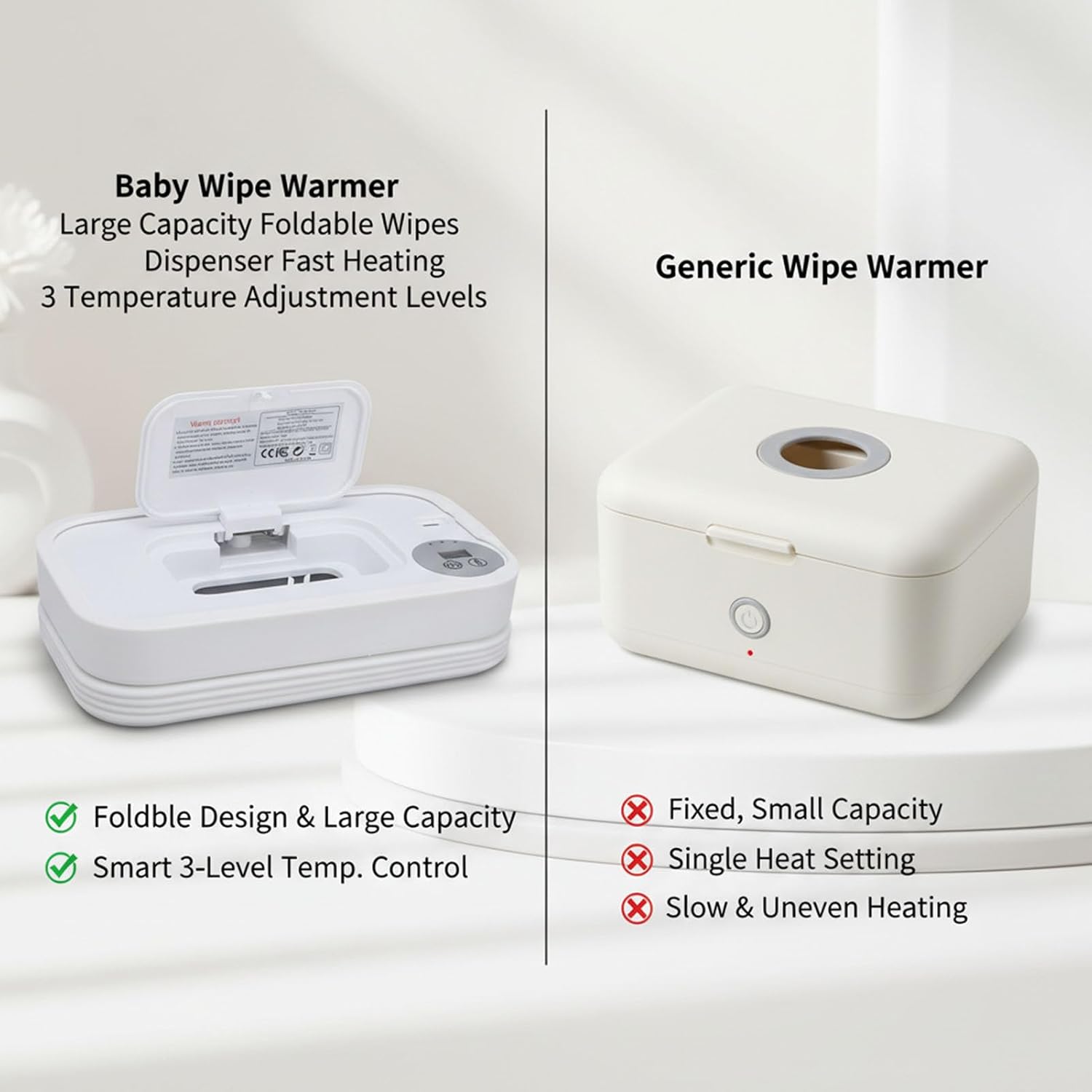 Pssopp Wet Wipes Warmer Foldable Baby Wipe Warmer, Large Capacity Smart Temperature Control Foldable Wipe Dispenser for Nighttime Nurseries Travel Diaper Bags Household Appliances (White)
