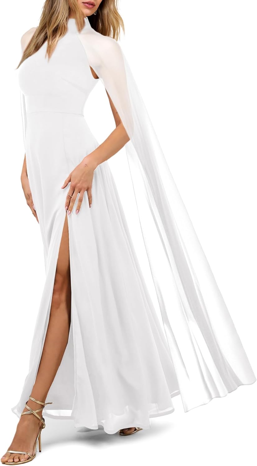 MAYFASEY Women's Elegant Long Sleeve Halter Neck Sexy Split Cocktail Evening Party A Line Maxi Long Formal Dress with Cape - Image 6