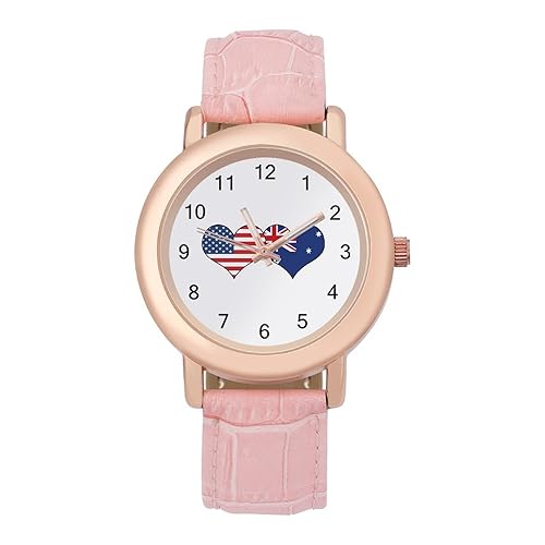 U.S.A Australia Love Flag Wrist Watches for Women Pink Leather