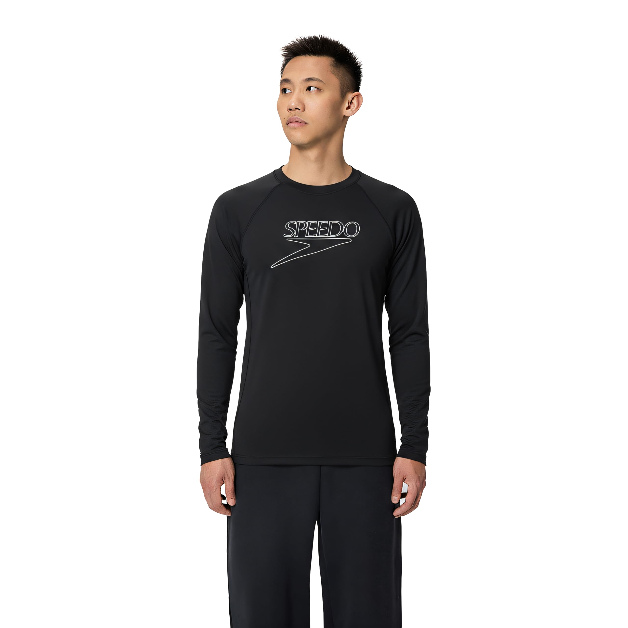 Speedo Men's End+ Long Sleeve Swim Rash Guard Top, Black, M