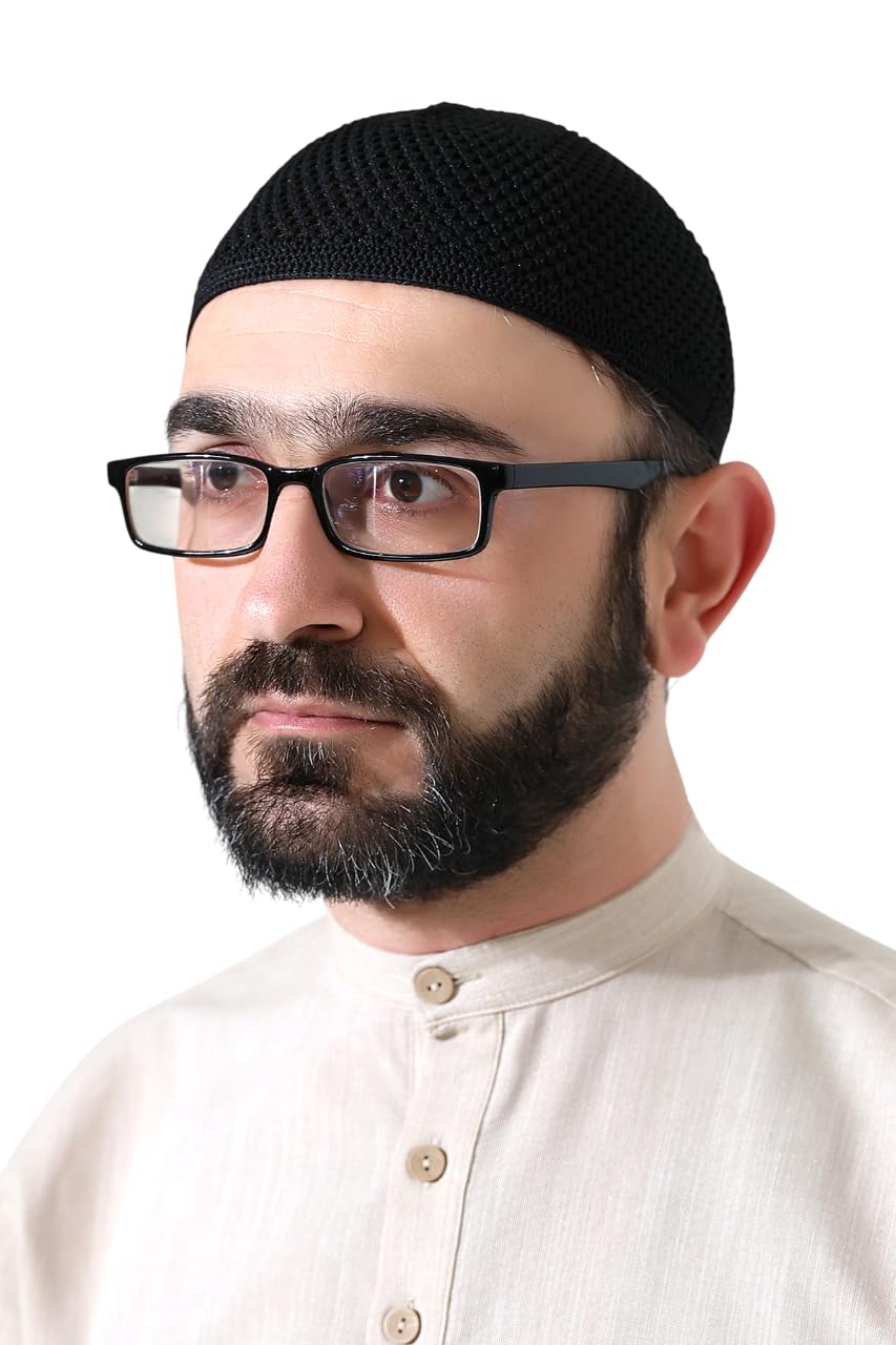 ihvan online Turkish Muslim Premium Knitting Kufi Hats for Men, Taqiya, Takke, Peci, Islamic Caps, Islamic Gifts, Standart Size, Black
