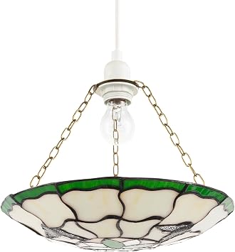 Traditional Butterfly Tiffany Green Stained Glass Circular Pendant Lighting Shade | 31cm x 6cm | Brass Chains Included by Happy Homewares