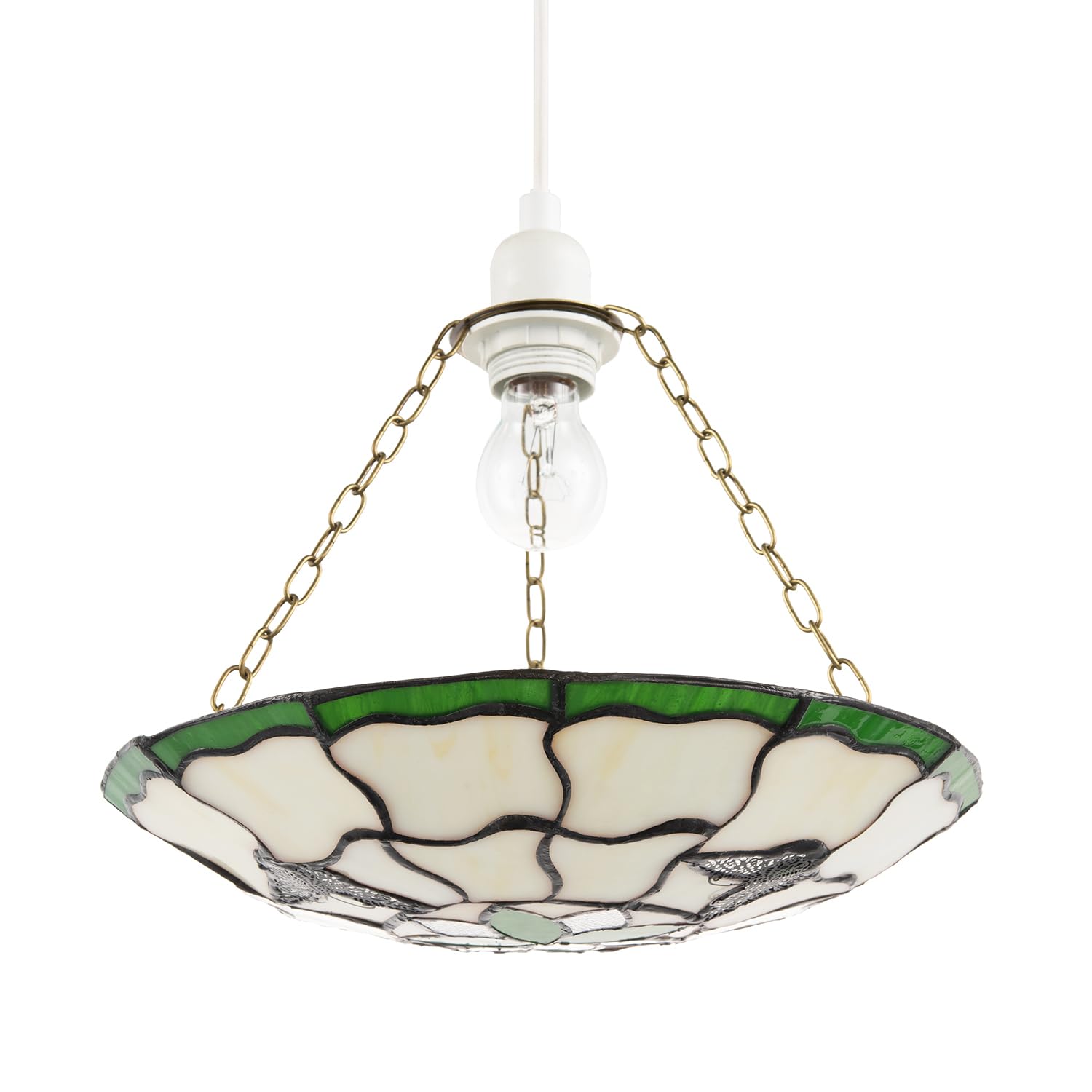 Traditional Butterfly Tiffany Green Stained Glass Circular Pendant Lighting Shade | 31cm x 6cm | Brass Chains Included by Happy Homewares