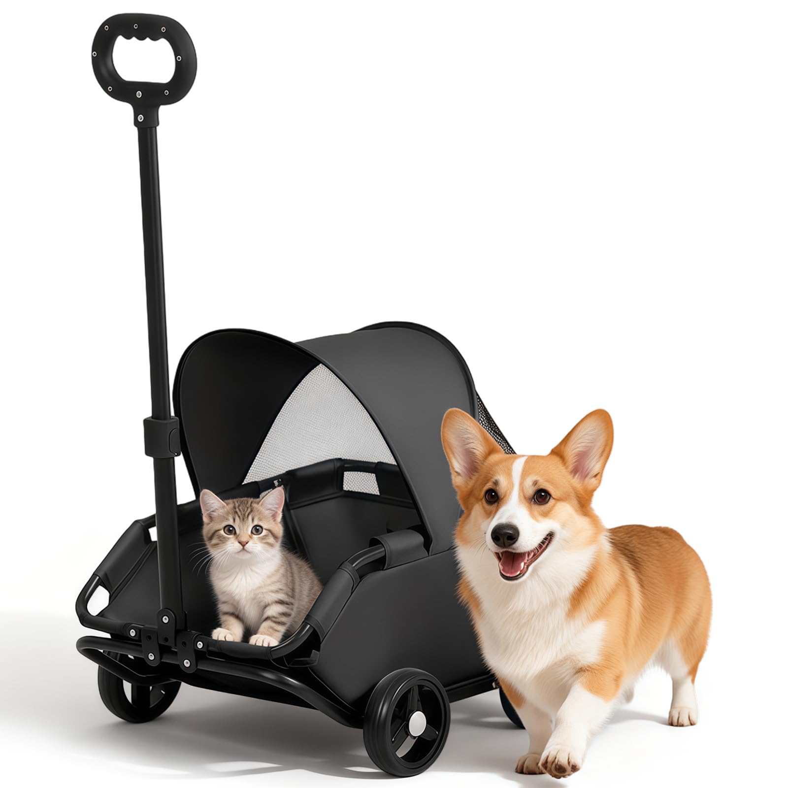 Chariot Pliable pour Chien, 4 Roues avec Barre Pivotante à 360°, Poussette pour Chat avec Visière Solaire, Mini Poussette pour Animaux de Compagnie, Tissu Oxford 600D (noir)