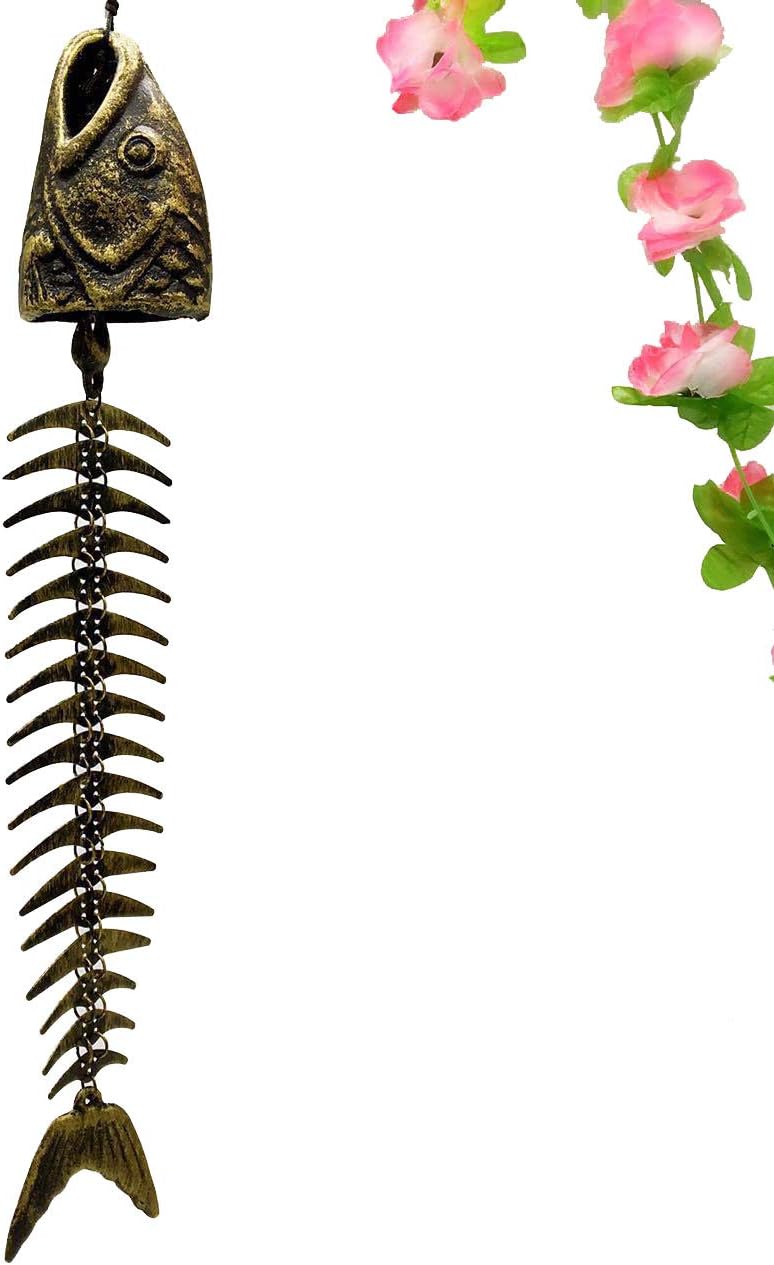 Mornenjoy Bronze Fish Bone Cast Iron Wind Chimes Vintage Metal Wind Chimes Outdoor Soothing Melody for Garden Home Yard Porch Hanging Decor (Bronze)