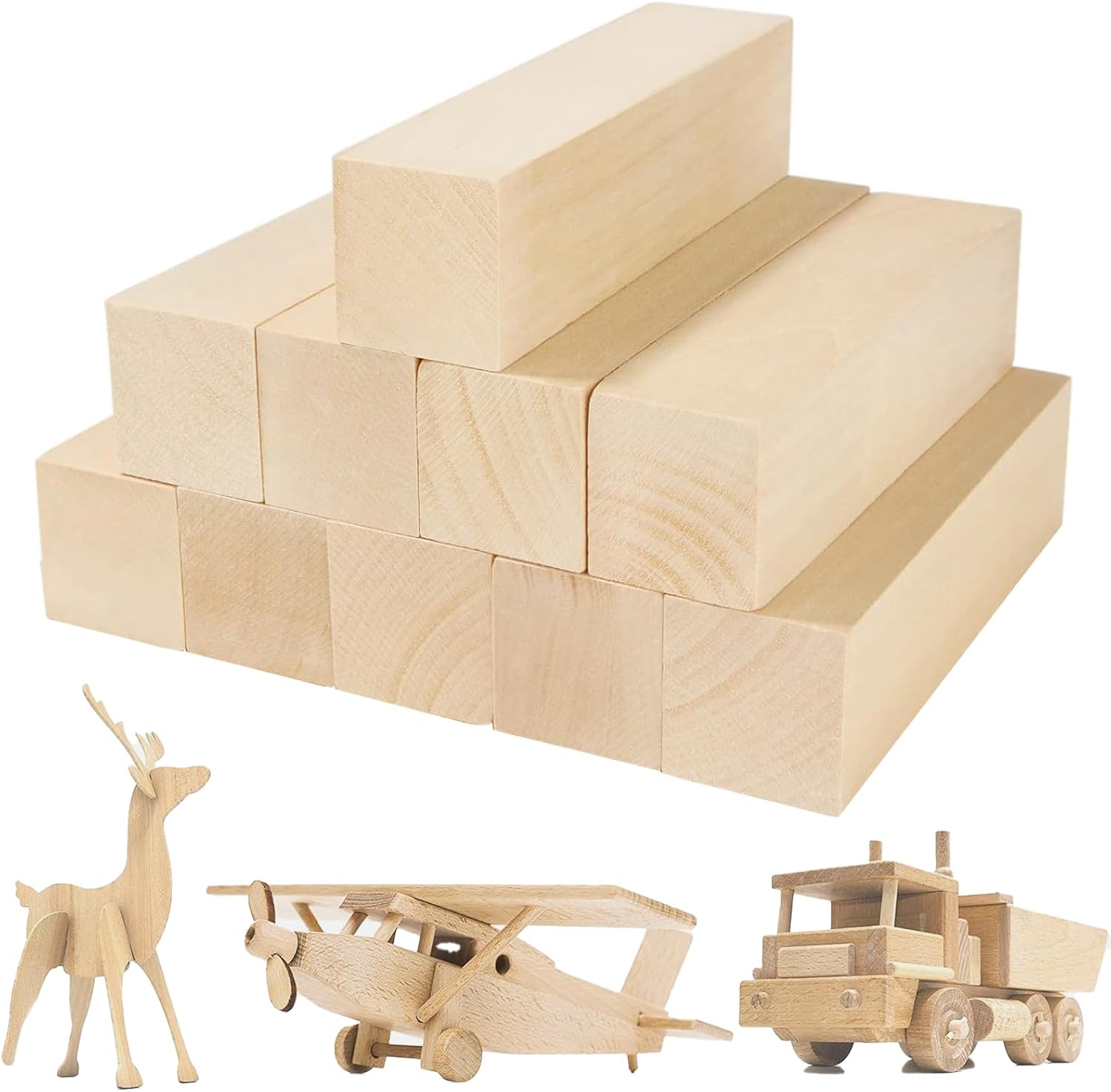 Bloki do Rzeźbienia z Drewna Lipowego, Zestaw Startowy do Rzeźbienia, Półfabrykaty Drewniane dla Początkujących i Dzieci, 10 Sztuk 10x2,5x2,5 cm, Miękkie Drewno Lipowe