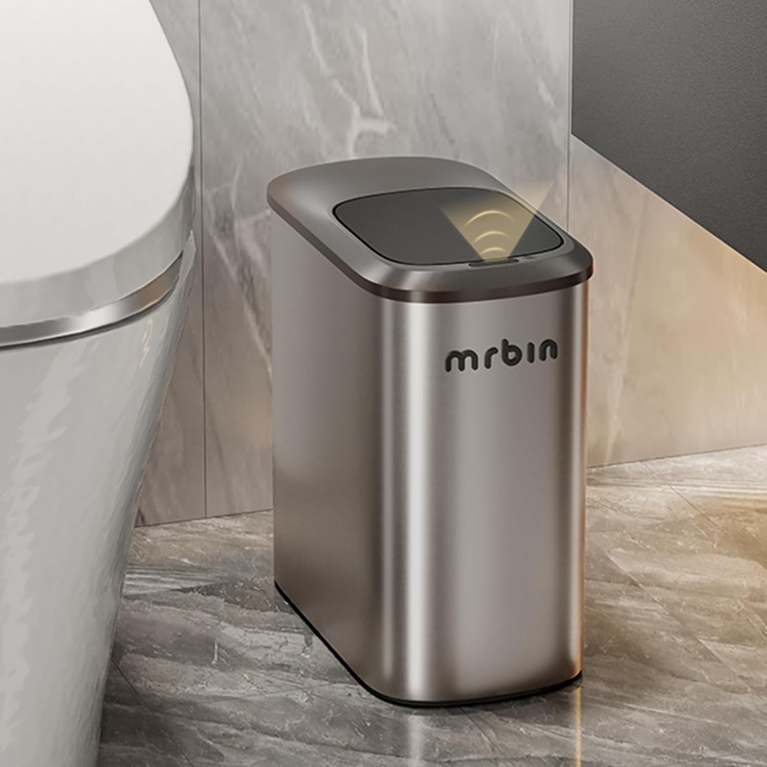 MRBIN Stainless Steel Motion Sensor Bathroom Trash Can, 10L / 2.6gal Slim Smart Toilet Waste Basket with Lid, Automatic Touchless Kitchen Bucket for Narrow Restroom, Vanity, Rv, Eclipse Grey Eclipse Grey - 2.6 Gallon Stainless Steel