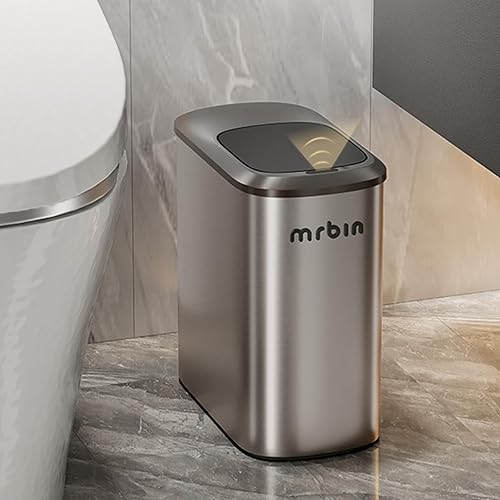 MRBIN Cubo de basura de acero inoxidable con sensor de movimiento para baño, cesta de basura inteligente delgada de 10 l2.6 galones con tapa, cubo