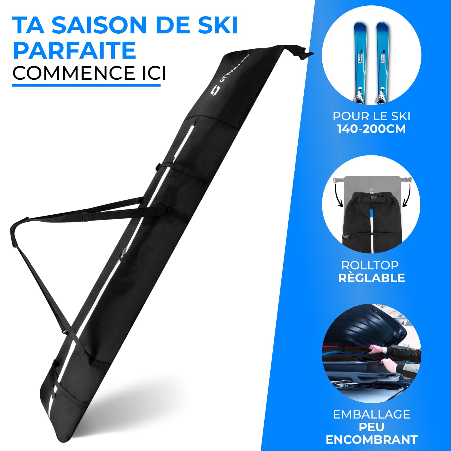 STYNGARD Housse à Skis 140-200 cm Sac à Skis Matériau Robuste Fermetures éclair Haute qualité Modèle Helsinki