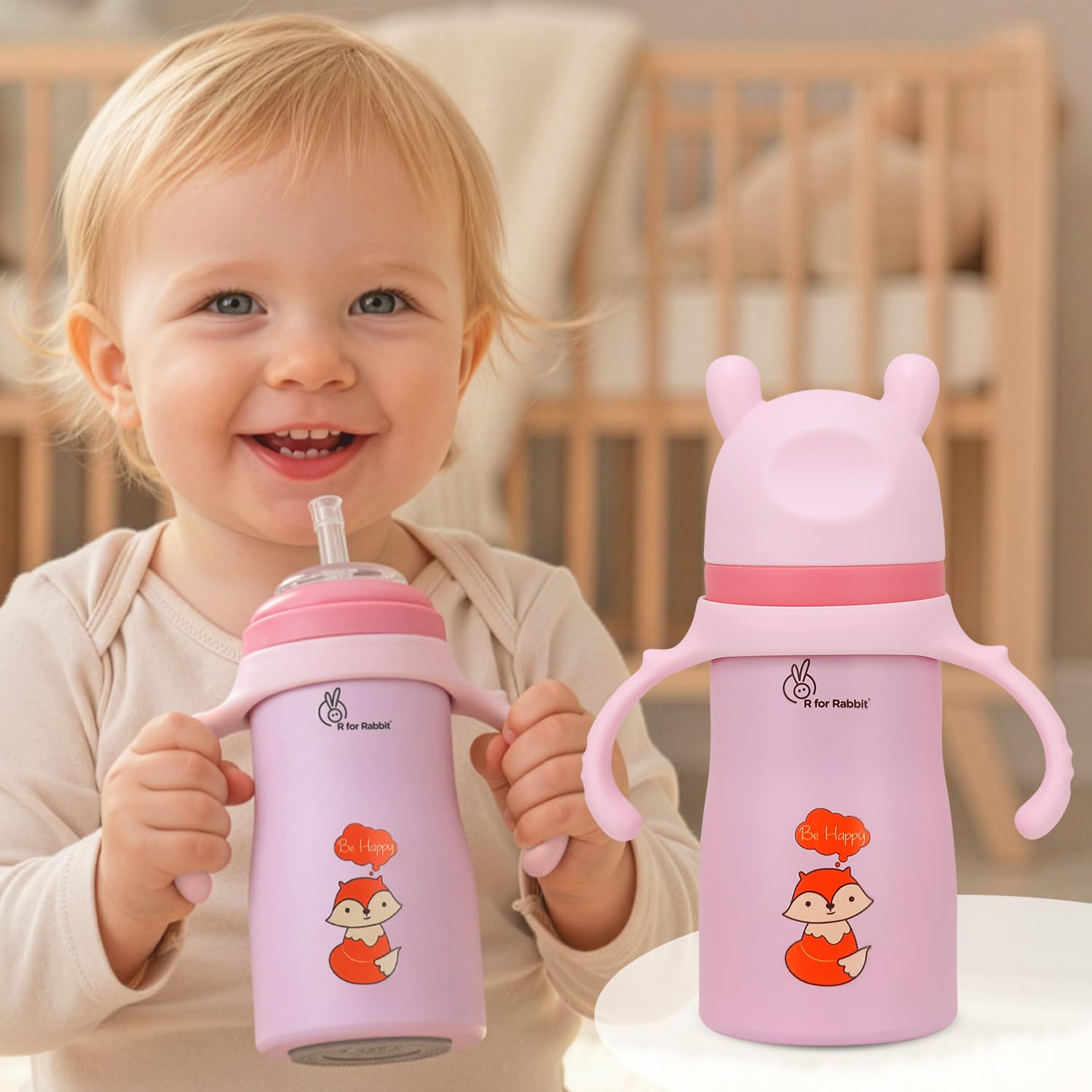 R for Rabbit Steebo Tiny Tales Premium Stainless Steel Straw Sipper for Baby, Leak & Spill Proof BPA Free Soft Silicone Straw Drinking Sipper Bottle for Baby Boy & Girl of 6+ Months (270ml, Pink)