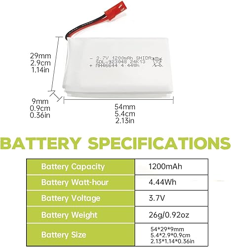 Miniatura 2 de Fytoo Batería Lipo de 3.7 V 1200 mAh 25C con cable de carga USB con enchufe JST para MJX T04 T05 T25 V2400HD V2450FPV V2450GPS X900 X9TW RC