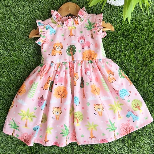 Image of Stanwells Kids Baby Girls Off-White Animal Print Cotton Rayon Knee-Length Frock | Sleeveless Summer Dress with Lion Print & Flared Back Zipper (6 Months-7 Years)