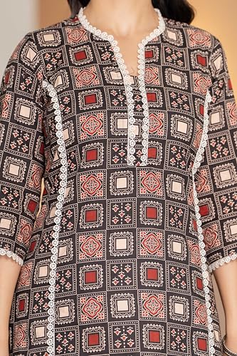 Image of Women's Cotton Straight Kurti with Geometric Print, 3 /4 Sleeves, Lace Trim Detail, Regular Fit, Casual Wear