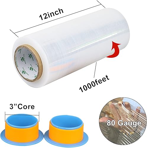 Miniatura 3 de BOMEI PACK Paquete de 3 envolturas elásticas transparentes de resistencia industrial de 12 pulgadas x 1000 pies, calibre 80 de grosor, adherencia