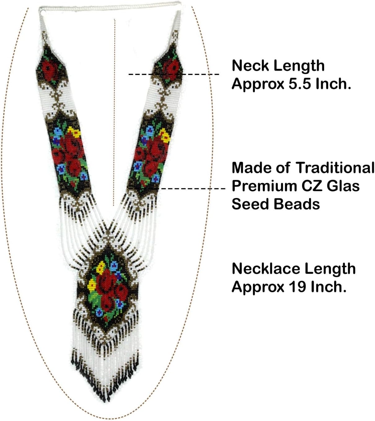 Long Beaded Necklace – Boho Native Handmade Seed Bead Tassel Necklace, Bohemian Large Statement Beaded Necklace for Women