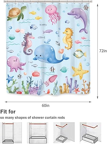 Miniatura 5 de Ufeela Cortina de ducha de peces oceánicos para niños, 60 pulgadas de ancho x 72 pulgadas de alto, diseño de animales marinos de animales marinos
