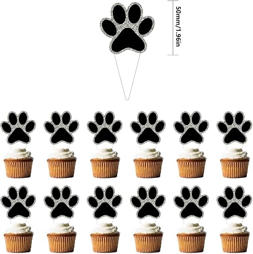 Miniatura 2 de 24 piezas de decoración de fiesta de pata de perro, decoración de una sola cara negra con purpurina para cupcakes de pata de cachorro, tema de